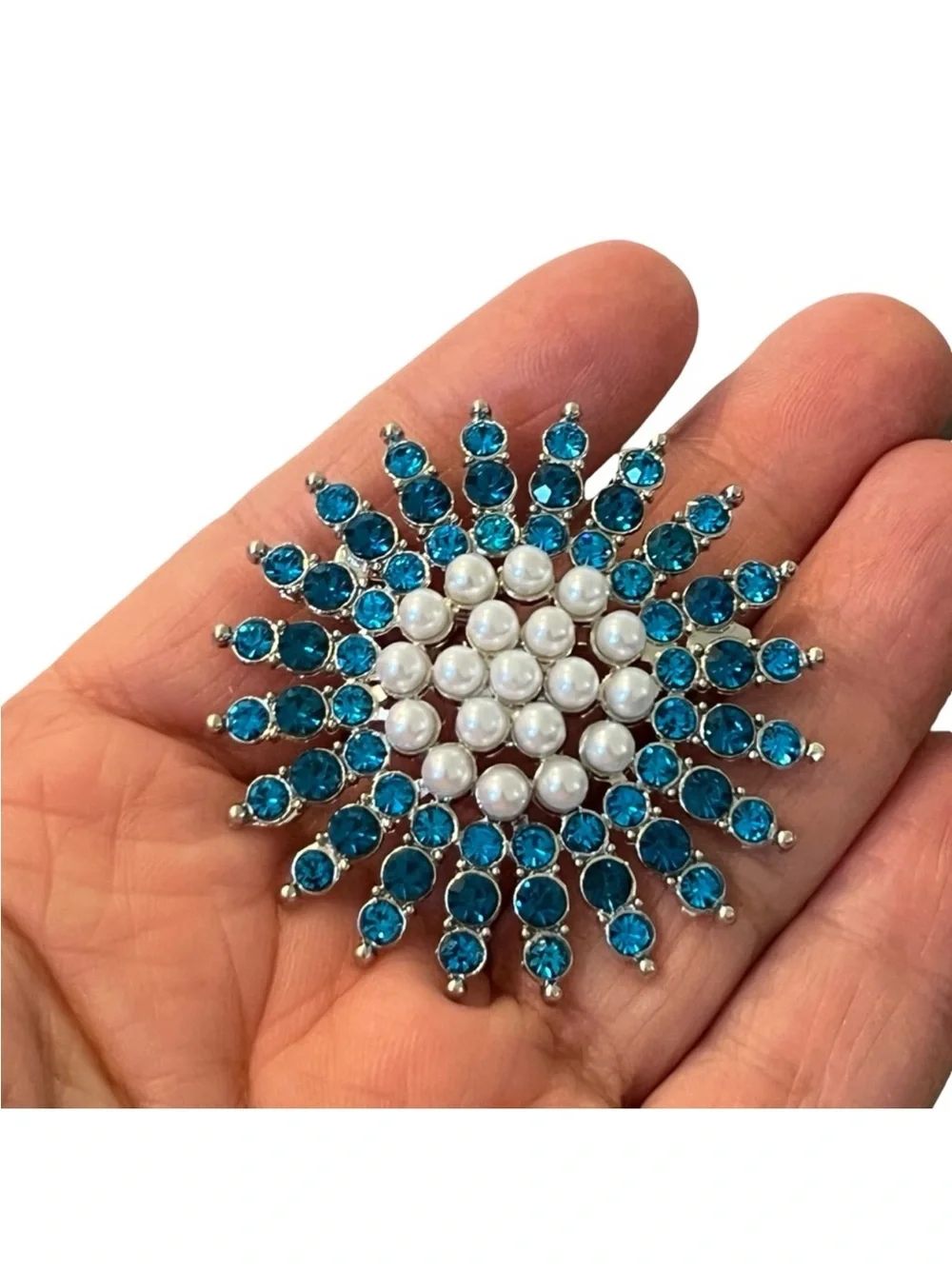 Blue Crystal and Pearl Sunburst Brooch - Elegant Hair Accent FINAL PRICE DROP